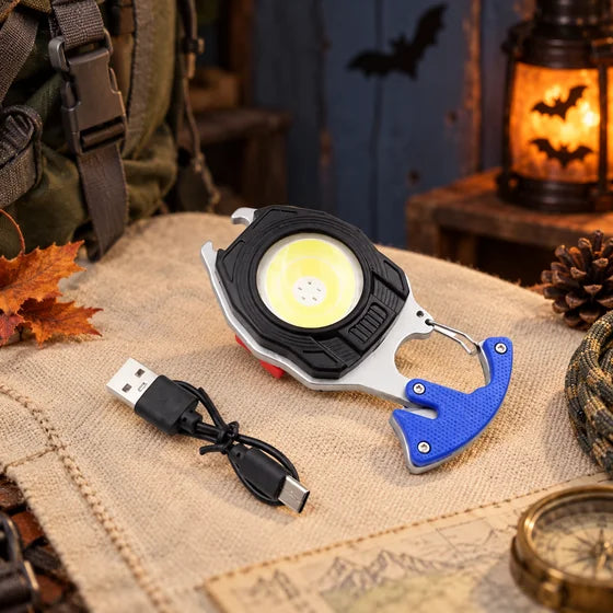 USB Rechargeable Keychain Torch with Lighter & Whistle – 6 Modes