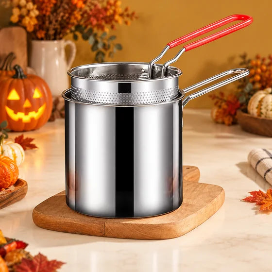 Small Stainless Steel Frying Pot & Strainer Basket Set