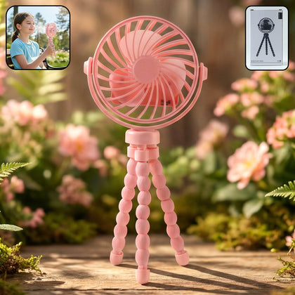 Portable LED fan with flexible tripod stand on a wooden desk