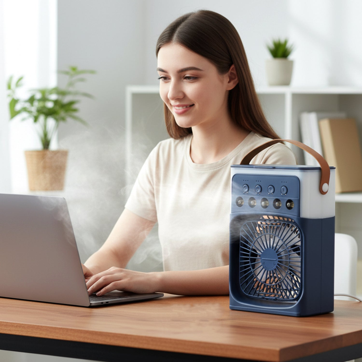Compact USB mini fan with leather strap for portability