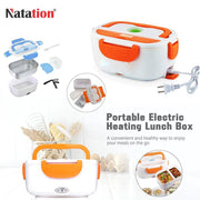 Electric lunch box heating food with steam visible
