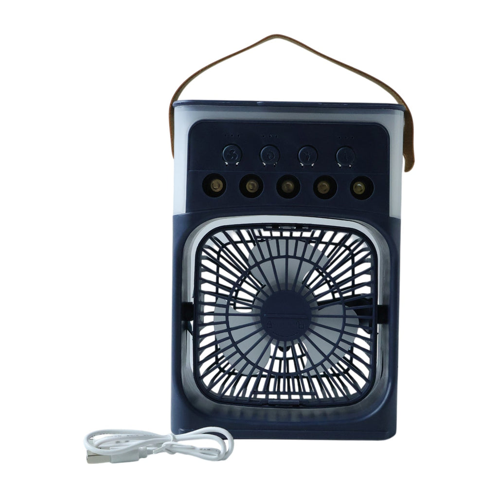Mini fan emitting cool mist with LED light indicator