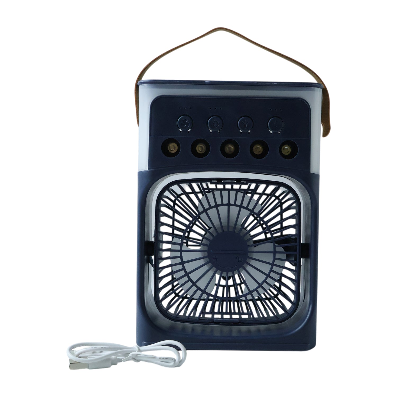 Mini fan emitting cool mist with LED light indicator