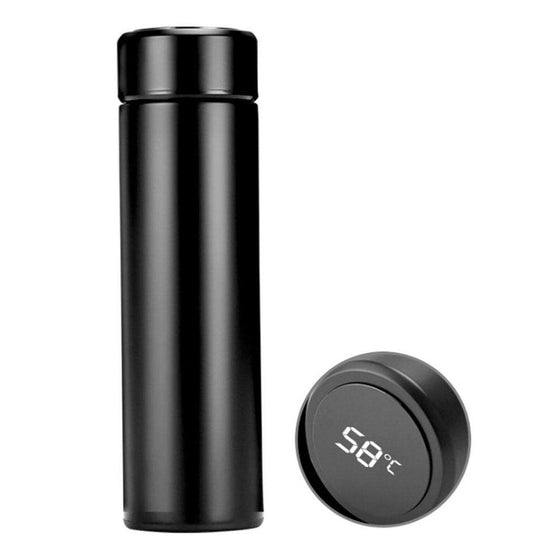 A black smart thermal bottle with its lid showing a 58 degree Celsius temperature display.