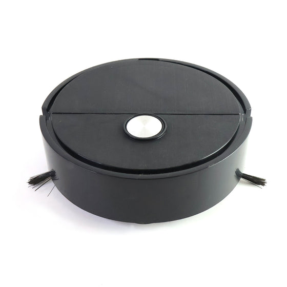 A black circular robotic vacuum cleaner with a silver button on top, featuring small brushes on its sides.