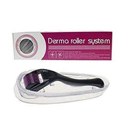 A derma roller in its clear plastic case sits below a white and magenta box on a white surface.