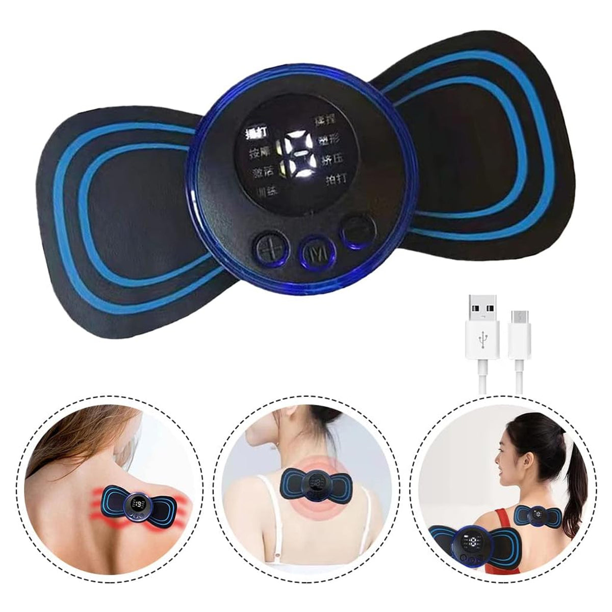 Portable electric neck massager in use on a person's neck