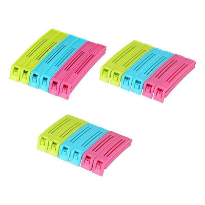 Multicolour plastic snack bag clips in a set of 18 pieces.