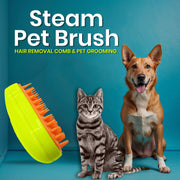 A lime green and orange pet brush is shown next to a tabby cat and a tan dog on a blue background.