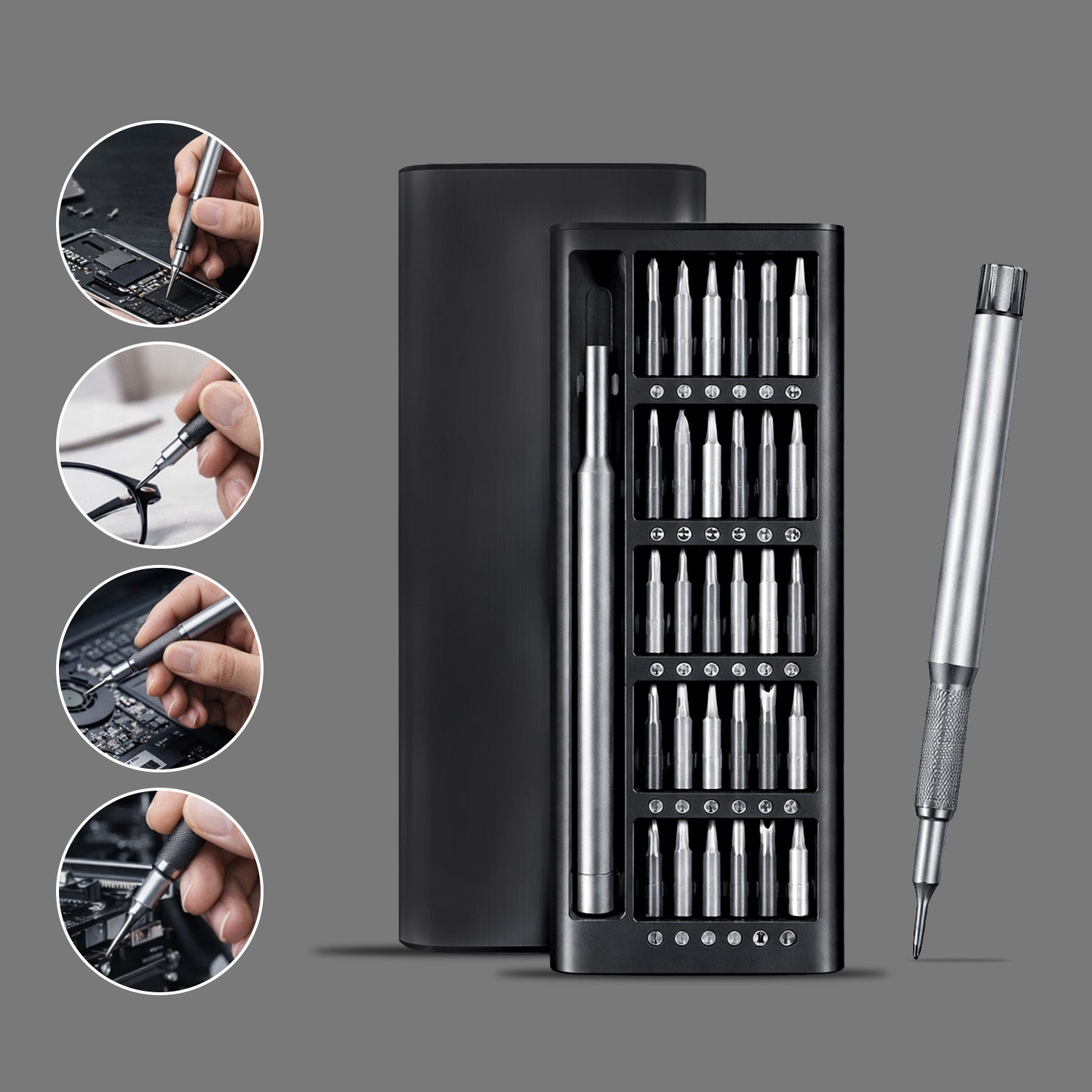 24-in-1 precision screwdriver set with magnetic handle & bits in open case