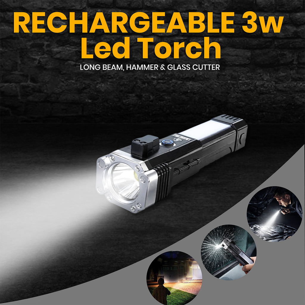 3W Rechargeable LED Flashlight Torch – Long Range Beam, Emergency Car Safety Tool, Glass Breaker, Magnet, 4 Lighting Modes