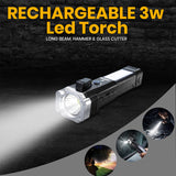 3W Rechargeable LED Flashlight Torch – Long Range Beam, Emergency Car Safety Tool, Glass Breaker, Magnet, 4 Lighting Modes