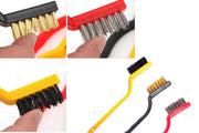 A collage showing close-ups of three brushes: brass, steel, and nylon, plus an overall view of the set.