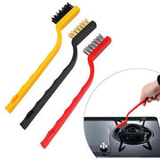 Three brushes with yellow, black, and red handles, with a circular inset showing a hand cleaning a gas burner.
