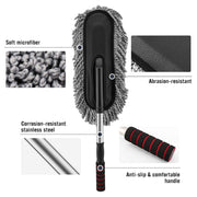 An overhead view of the duster with close-ups of its soft fibres, handle, and leather-like material.
