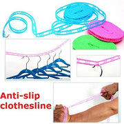 A collage showing different uses of the clothesline, including coiled lines, hangers on a pink line, a hook detail, and a
