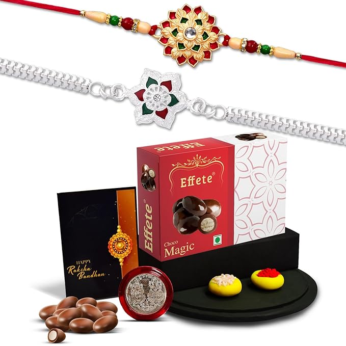 Complete Raksha Bandhan Gift Pack featuring a designer Rakhi, chocolates, tilak, pooja coin, and card.