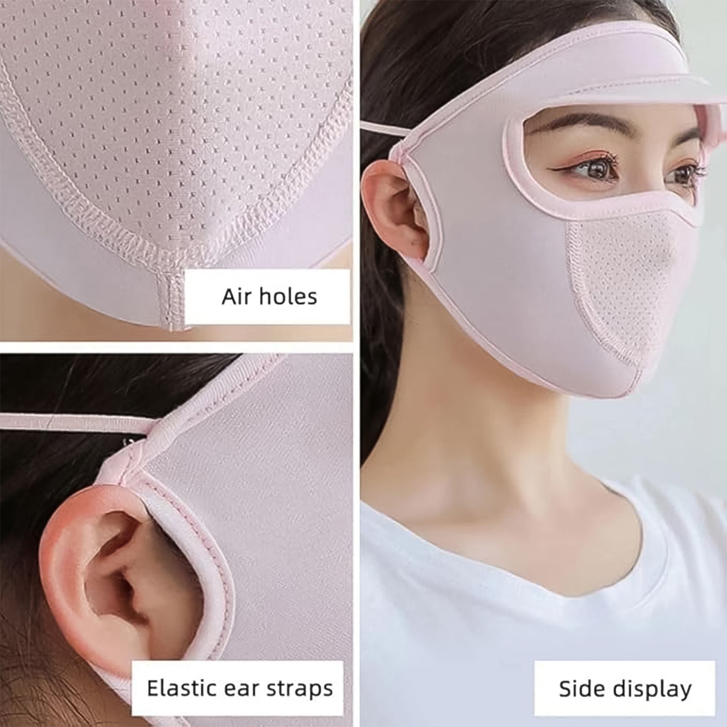 Close-up of the breathable mesh mask and wide brim visor on a grey Women's UV Protection Cap.