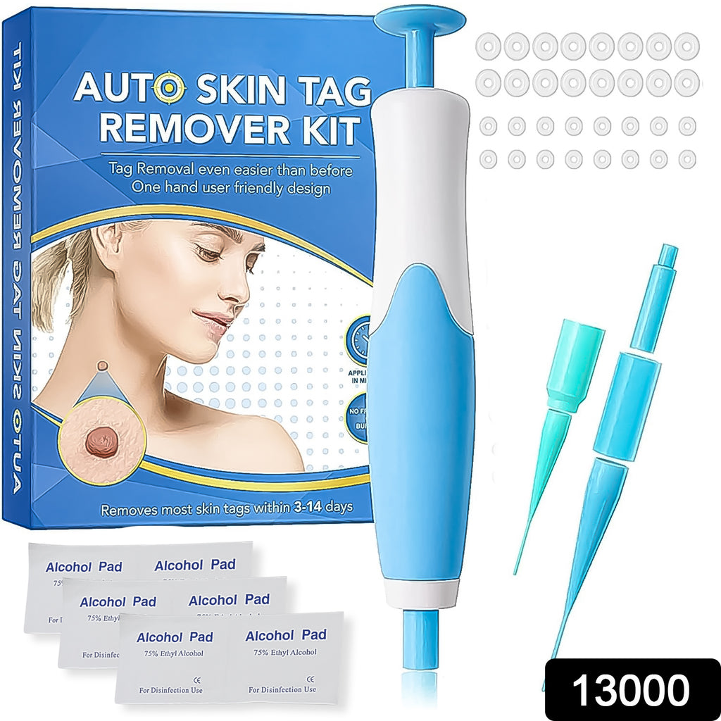 Skin tag remover kit showing applicator, micro & large bands, and cleansing wipes.