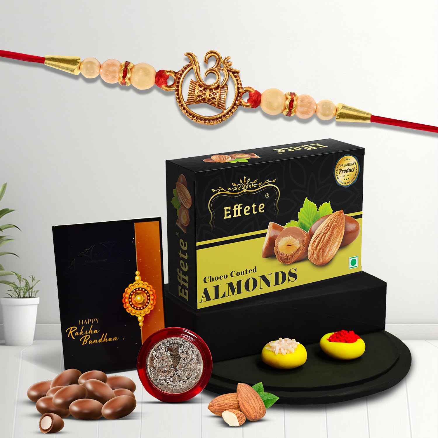 Rakhi Gift Set with Chocolate Almonds and Traditional Accessories