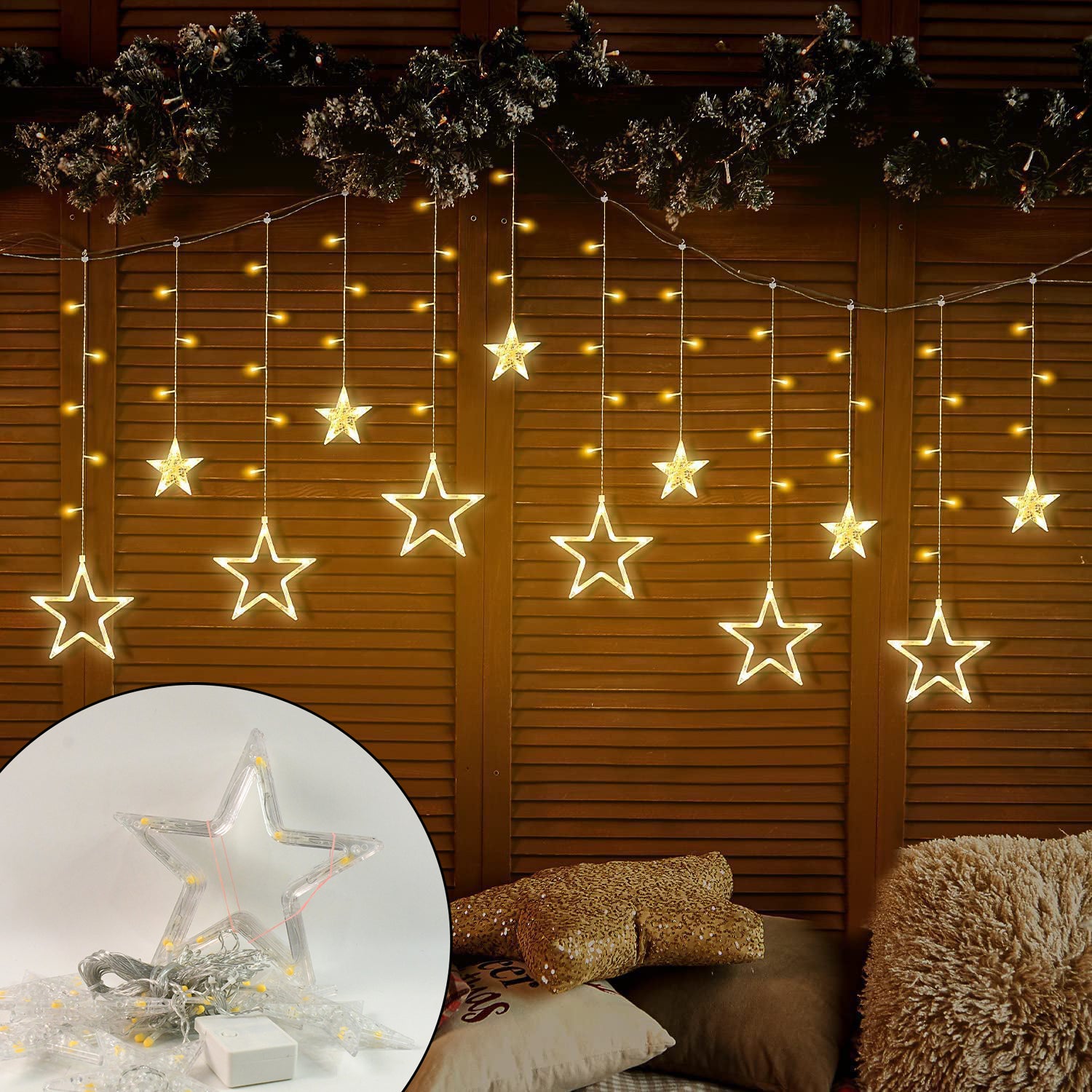 3385 12 Stars Led Curtain String Lights With 8 Flashing Modes For Home Decoration Diwali  Wedding Led Christmas Light Indoor And Outdoor Light Festival Decoration  (Warm White)