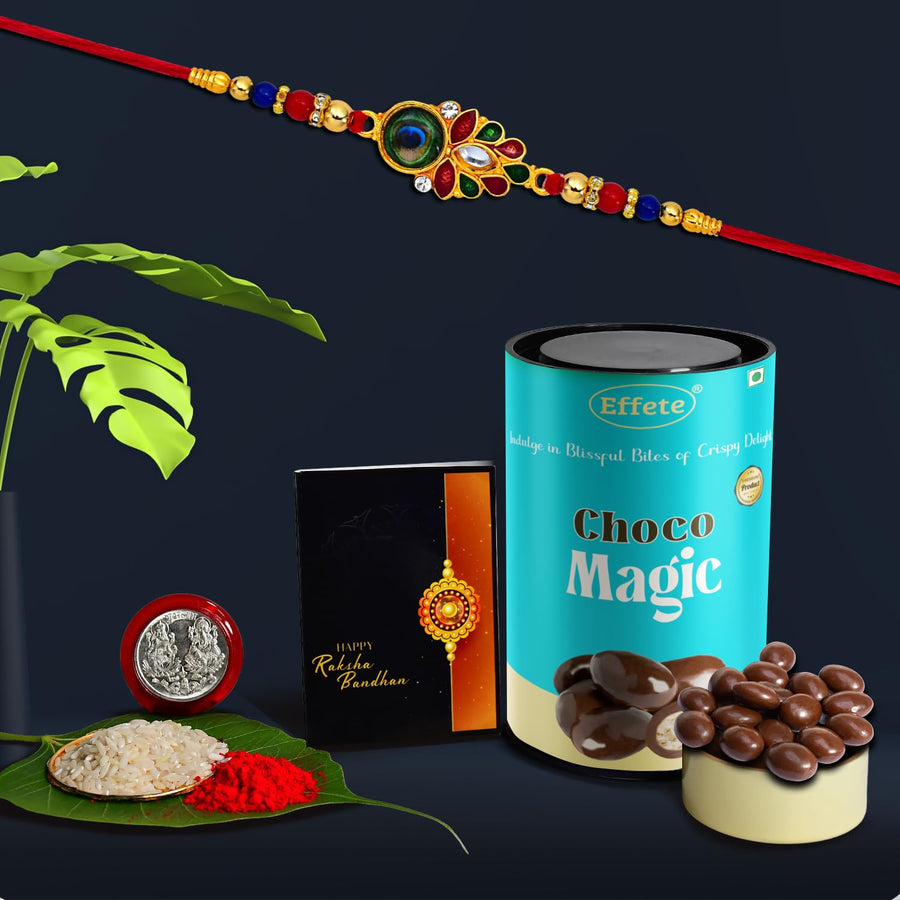 Rakhi Combo Gift Set with Rakhi, roli-chawal, coin, greeting card, and chocolate