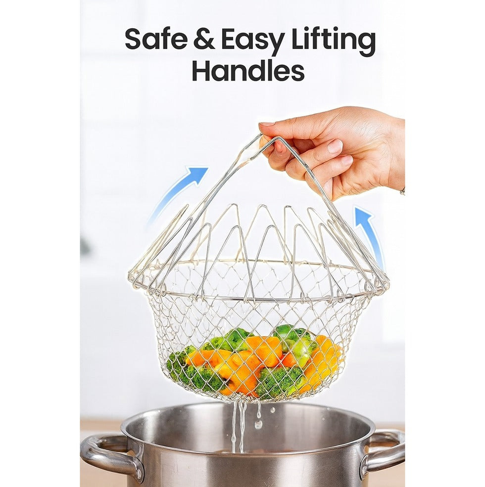 Folded chef basket showing compact storage