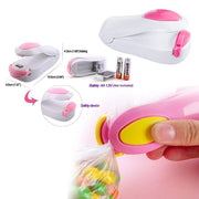 A collage showing the sealer's dimensions, battery compartment, and a hand using it on a candy bag.