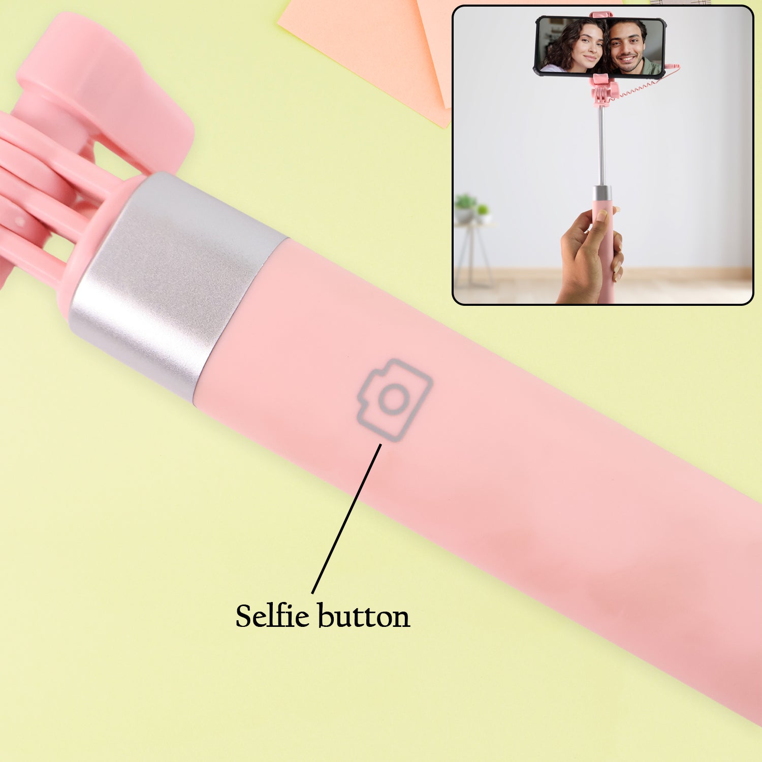 Folded wired selfie stick with non-slip handle in pastel pink