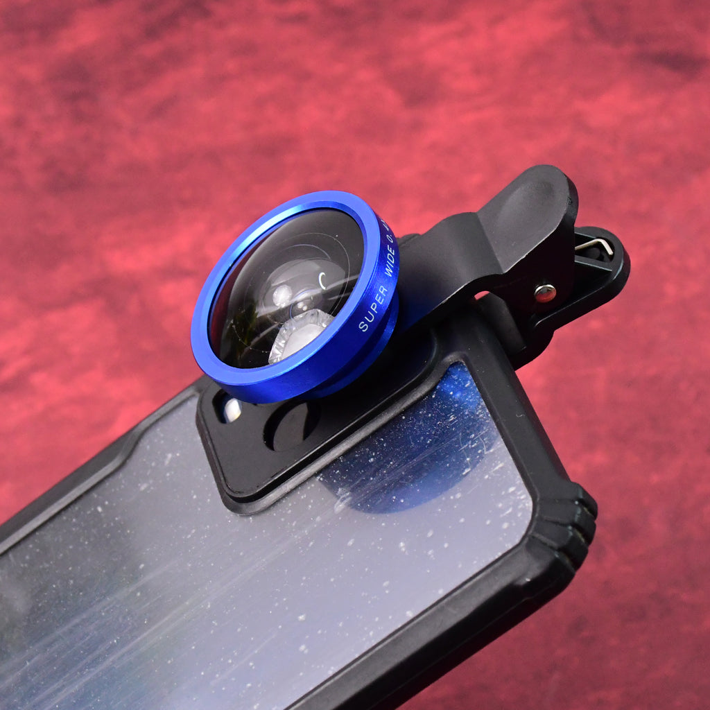 Universal clip-on wide-angle lens in its protective pouch, ready for portability