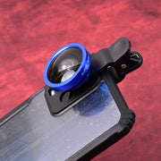 Universal clip-on wide-angle lens in its protective pouch, ready for portability