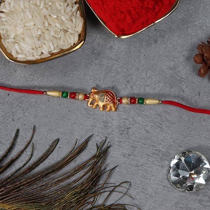Close-up of a cheerful Smiley Rakhi bracelet with bright, colourful beads.