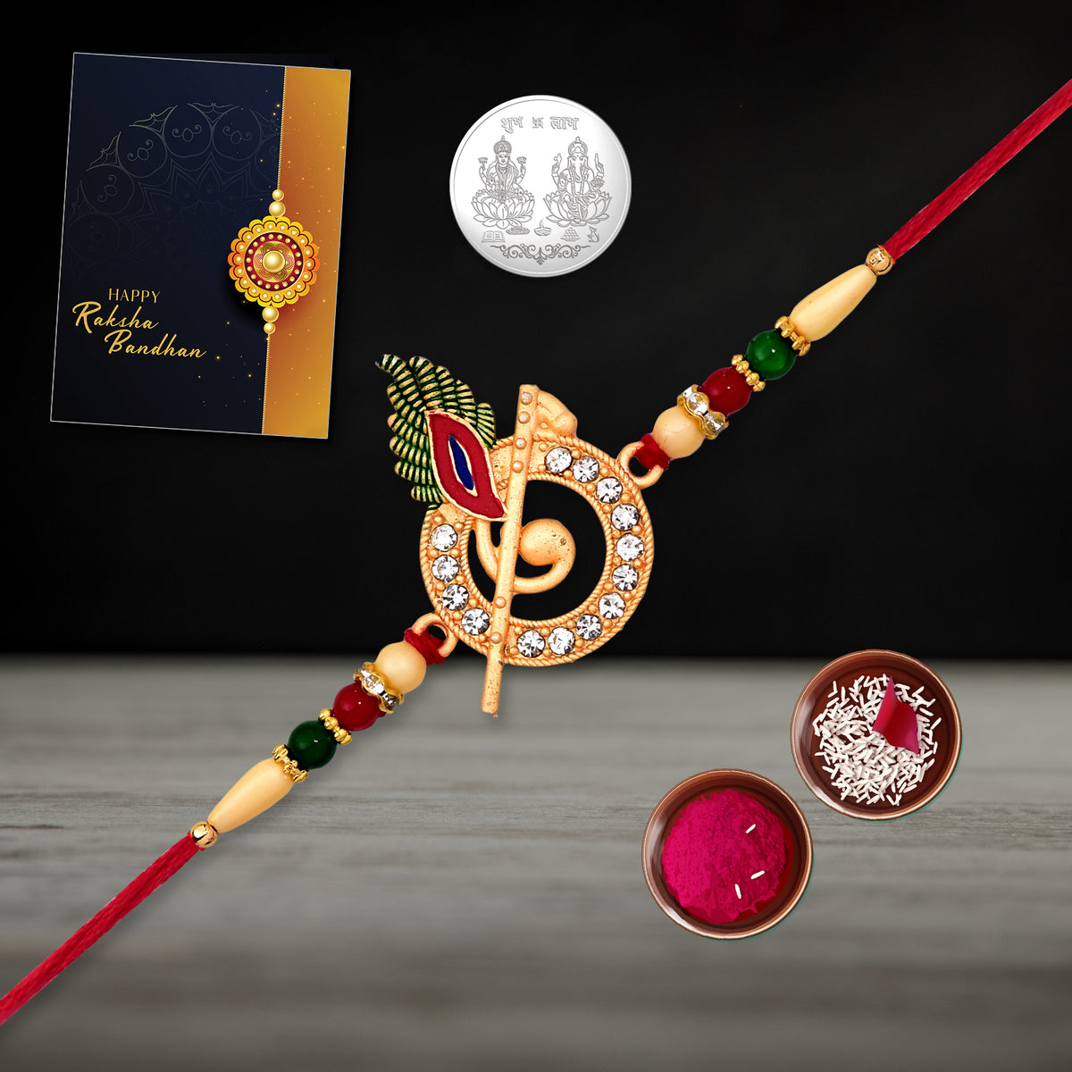 Thoughtful Rakhi Gift Set for brothers, including a traditional Rakhi, roli chawal, coin, chocolate, and greeting card.