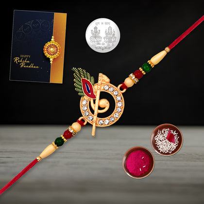 Thoughtful Rakhi Gift Set for brothers, including a traditional Rakhi, roli chawal, coin, chocolate, and greeting card.