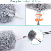 Four close-up views illustrating how to install and use the duster, focusing on the detachable and rotatable head mechanism.