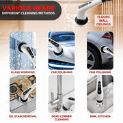 Electric scrubber shown in various cleaning scenarios, including glass, car, and kitchen sink applications.