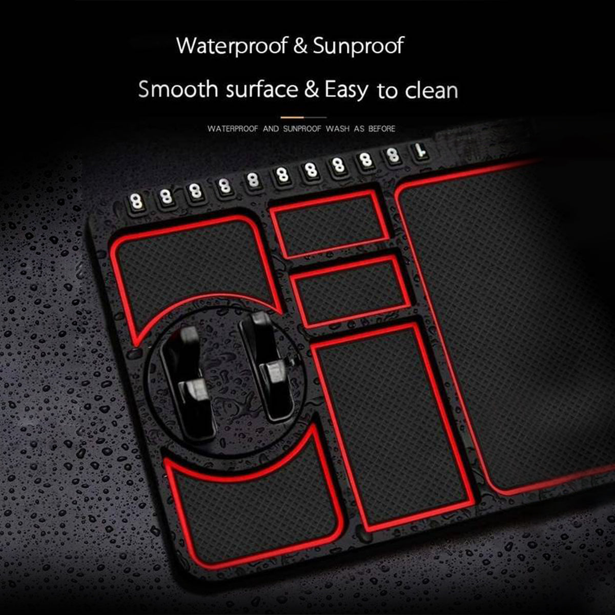 Multifunctional car mat holding phone, keys, & coins on dashboard