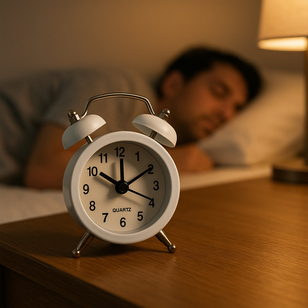 Twin-bell alarm clock next to a coffee cup on a desk