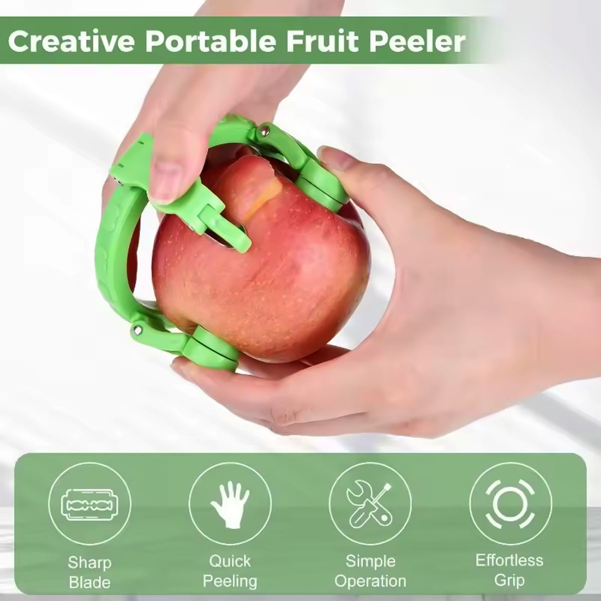 Adjustable apple peeler demonstrating its secure grip on a whole apple