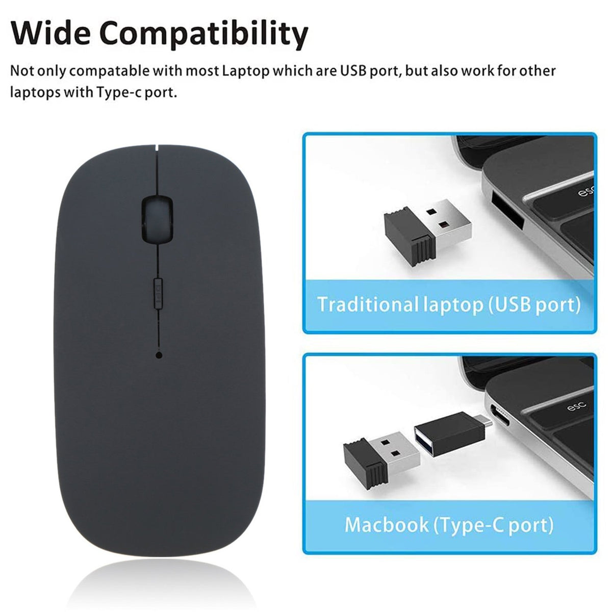 Compact wireless mouse next to keyboard and notebook