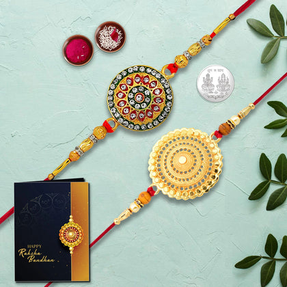 Traditional Rakhi Combo Set by Wukusy, featuring a blessing coin, Roli Chawal, and greeting card.