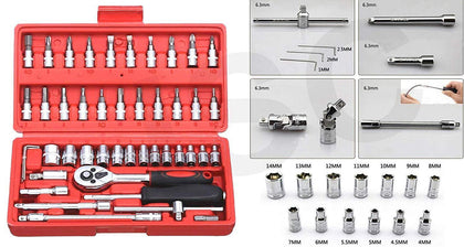 Red 46-piece 1/4 inch socket & combination repair tool kit in its case