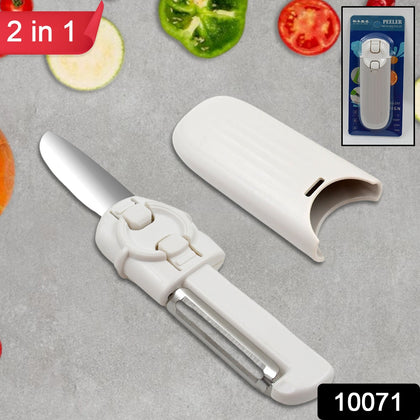 A person holding the Dual-use Knife Peeler, showcasing its compact 2-in-1 design for kitchen tasks.