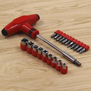 Compact storage case holding the organized 24-piece screwdriver and socket set