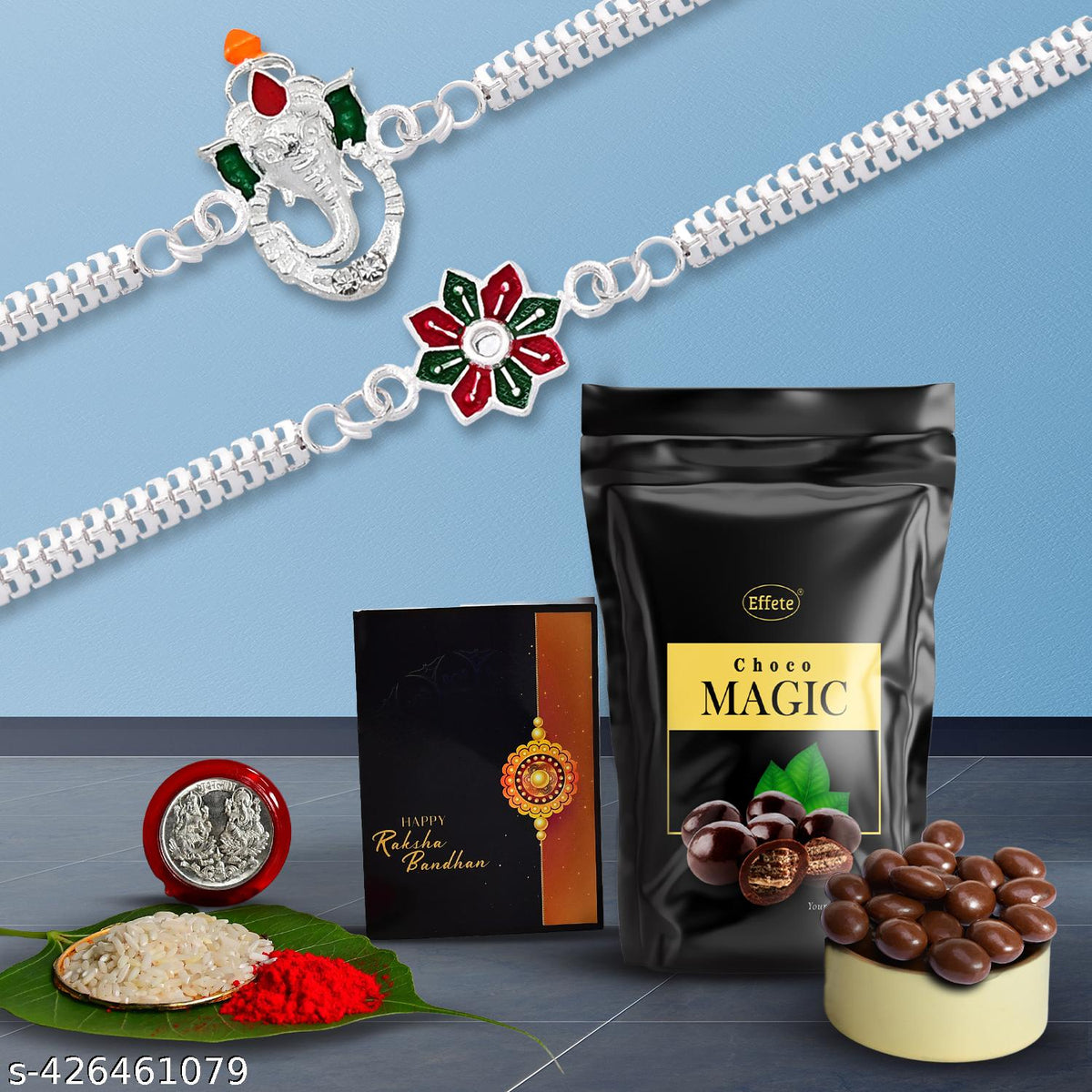 Rakhi Celebration Set with rakhi, roli chawal, coin, greeting card, & chocolate
