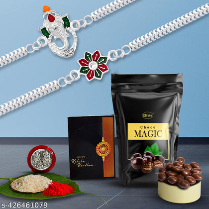 Rakhi Celebration Set with rakhi, roli chawal, coin, greeting card, & chocolate