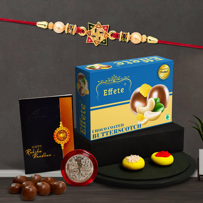 Rakhi Combo Gift Set with chocolate, roli-chawal pack, coin, and greeting card