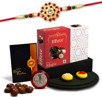 Complete Rakhi Combo gift set featuring a designer rakhi, traditional pooja thali, and chocolates.