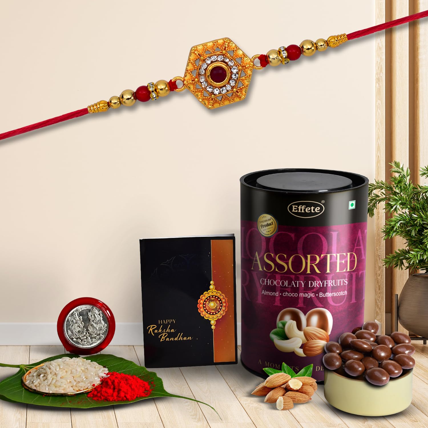 Silver Plated Round Design Rakhi with Chocolate Combo Thali Set