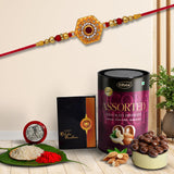 Silver Plated Round Design Rakhi & Chocolate Combo Thali Set